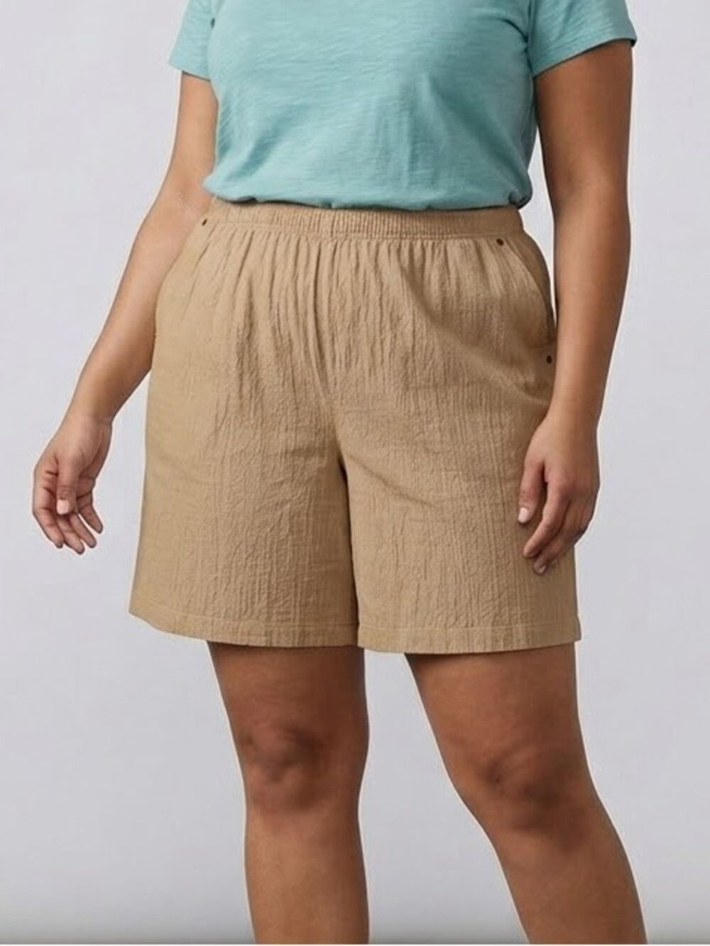 🥰 CLEARANCE - IMAGE Beige Seersucker Shorts Stretch Waist 22W